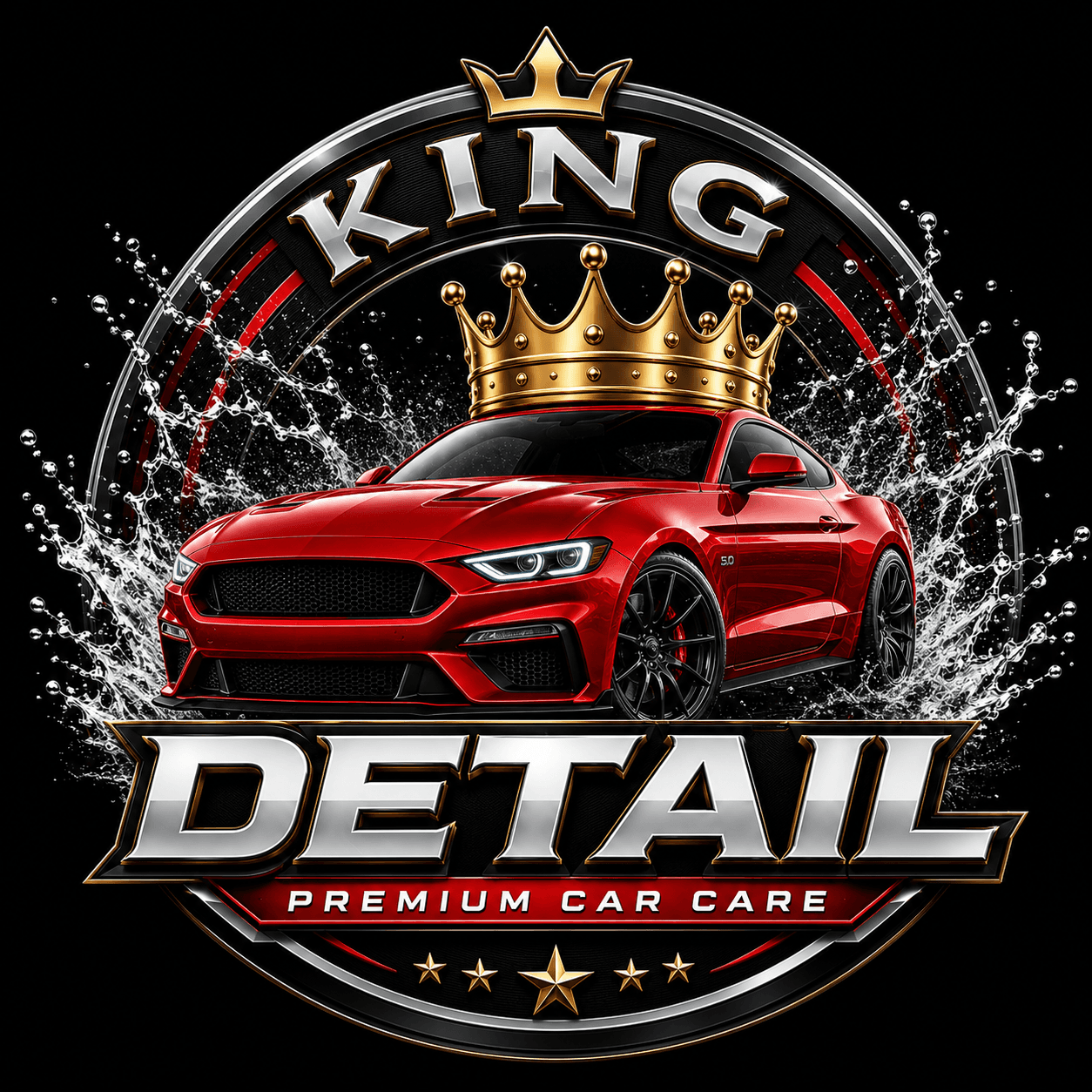 King Detail Premium Car Care logo with red sports car and crown