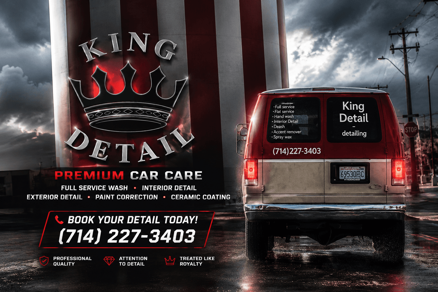 King Detail printed service poster with the phone number (714) 659-0530